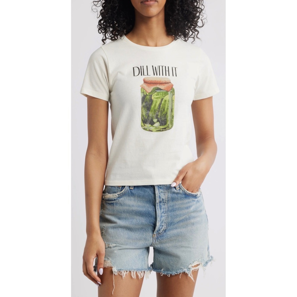 Golden Hour Womens Dill With It Pickle Graphic Tee Cream Cotton T-Shirt Large